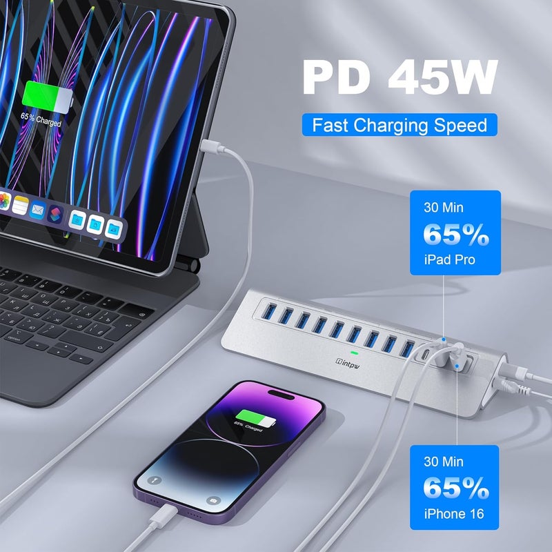 intpw YH9AC Powered USB Hub 10Gbps, 12 Port USB C Hub with 10Gbps USB C 3.2+2 USB A 3.2, 7 USB 3.0, 2 PD 45W Charging Port, 65W Power Adapter + 3.3FT Cable, Aluminum USB Hub for Laptop/iPhone 17/16/PC - Image 4